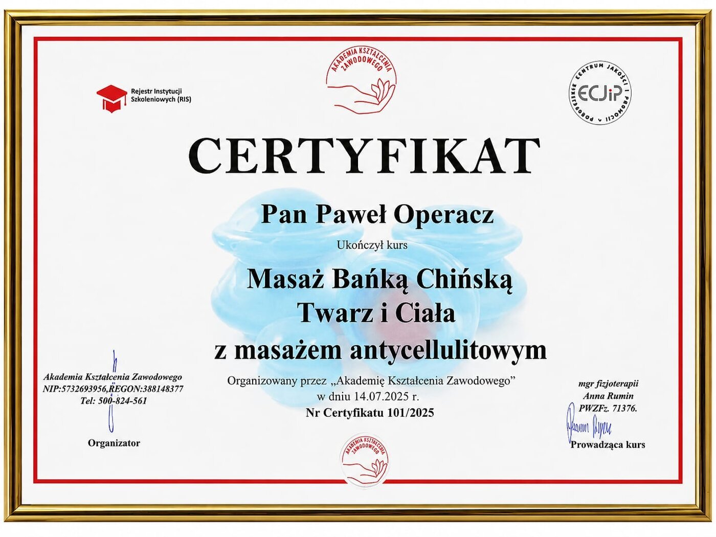 Certyfikat — Masaż Bańką Chińską Twarzy i Ciała z masażem antycellulitowym