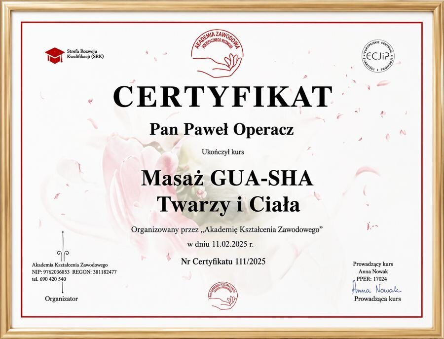 Certyfikat — Masaż GUA-SHA Twarzy i Ciała