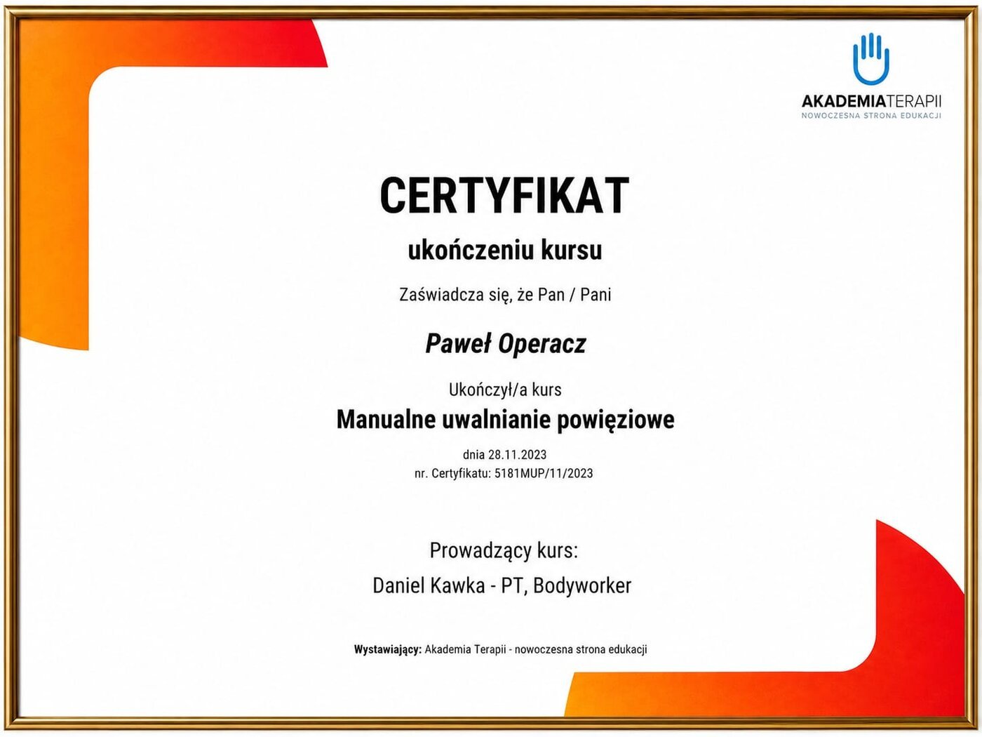 Certyfikat — Manualne uwalnianie powięziowe